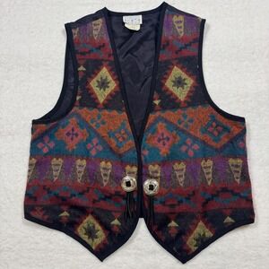 Vintage You Babes Southwestern Tapestry Vest Concho Buttons Large Made in USA